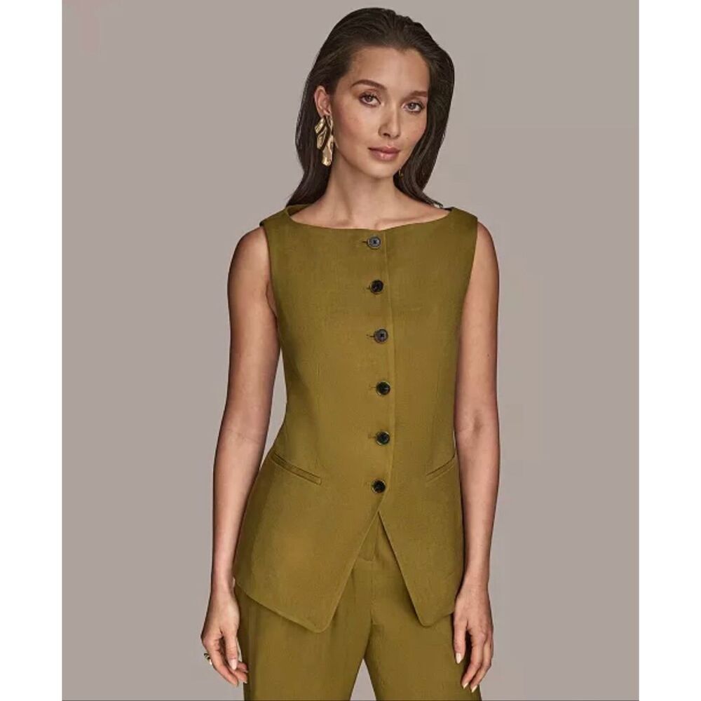 Donna Karan New York Linen-Blend Button Down Vest Smoky Olive 2
